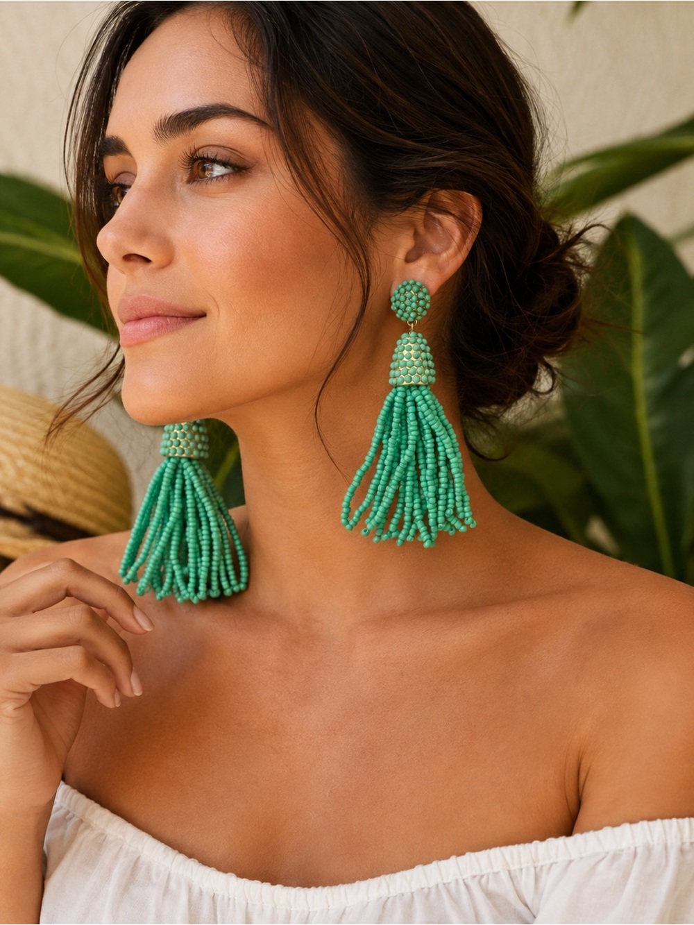 Turquoise Green Beaded Tassel Statement Earrings Gold Tone NWT